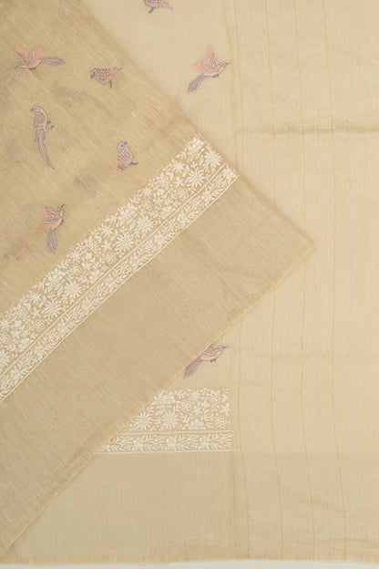 Linen Embroidery Butta Beige Saree