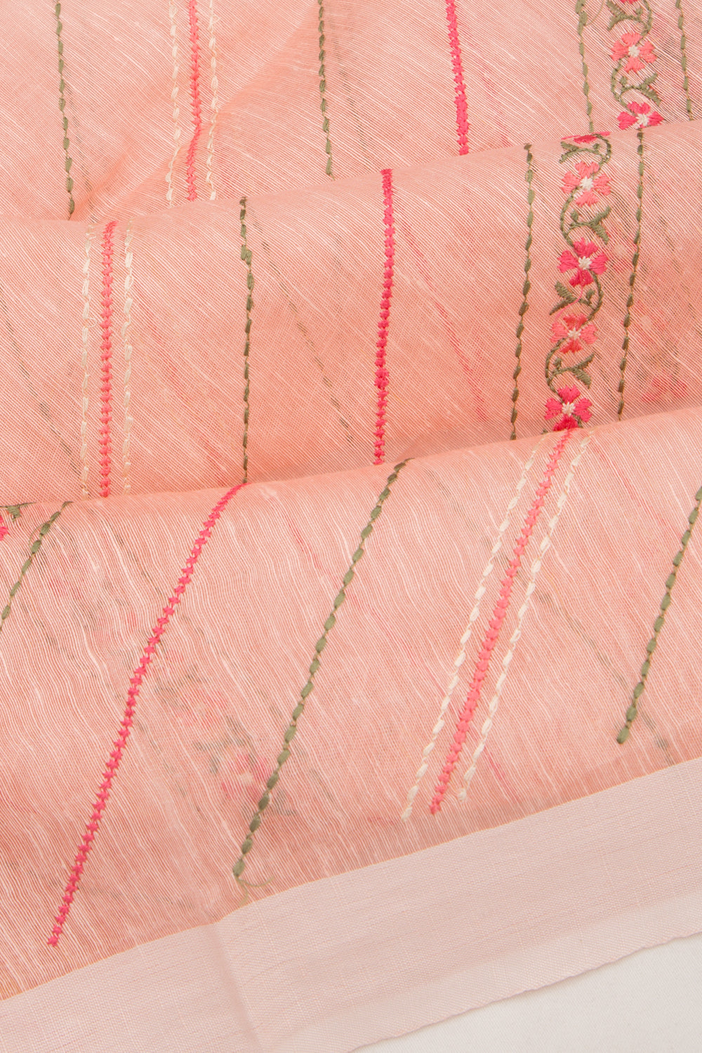 Linen Embroidery Lines Peach Saree