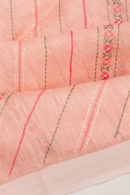 Linen Embroidery Lines Peach Saree