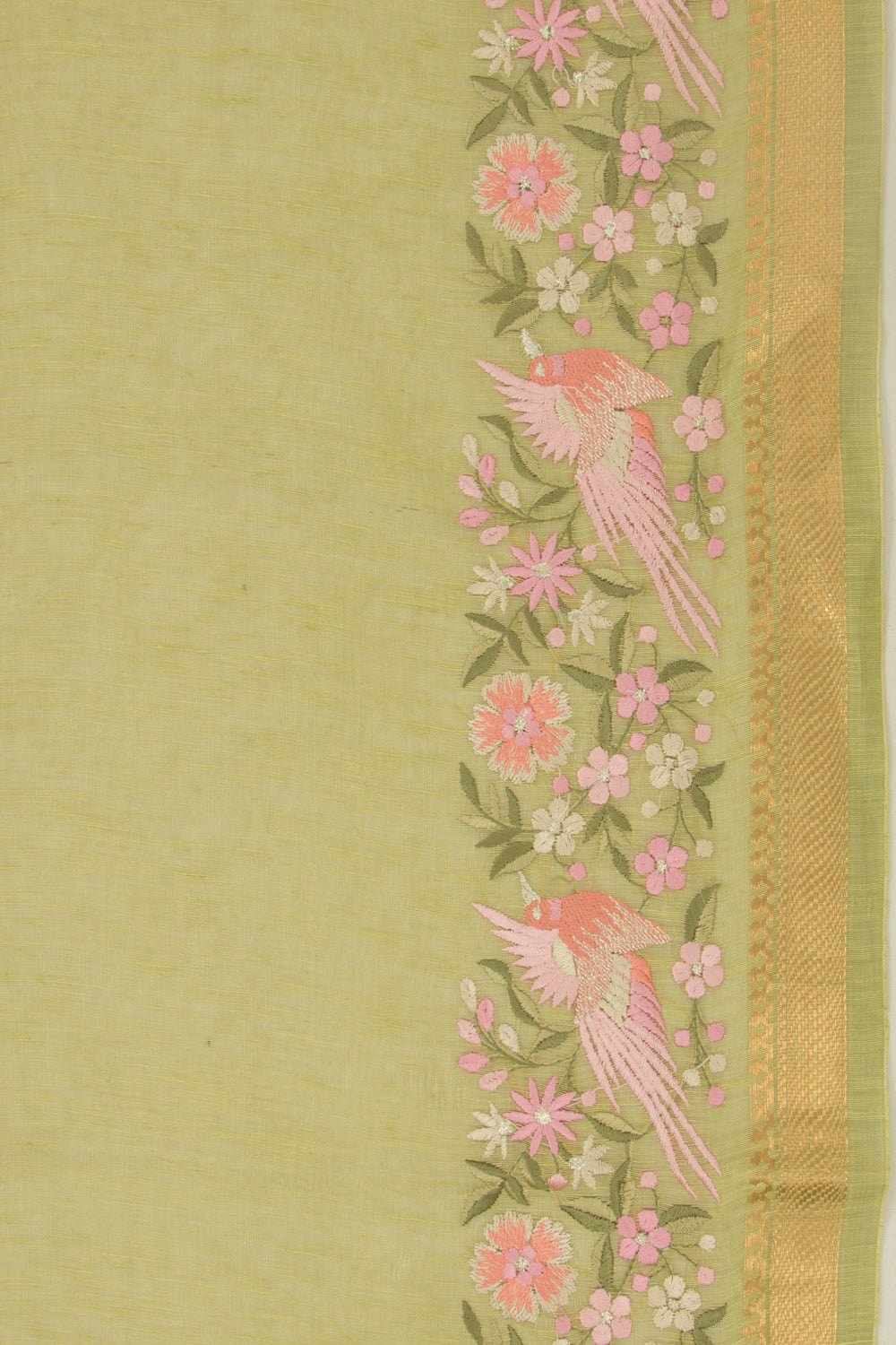Linen Floral Embroidery Lines Green Saree
