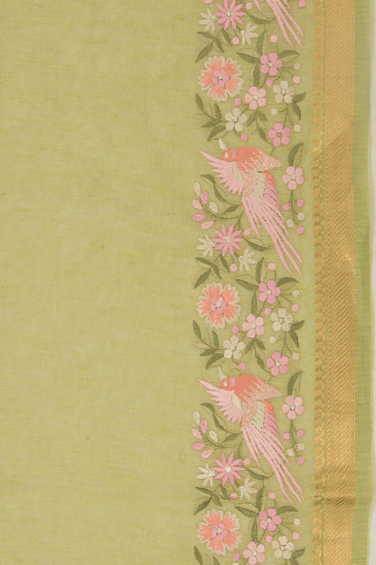 Linen Floral Embroidery Lines Green Saree