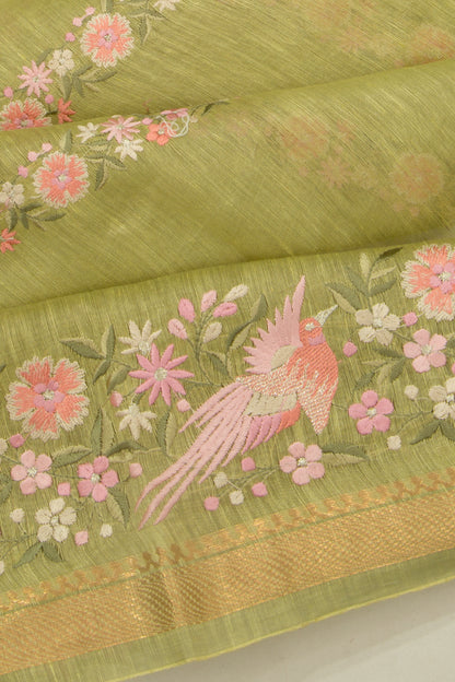 Linen Floral Embroidery Lines Green Saree