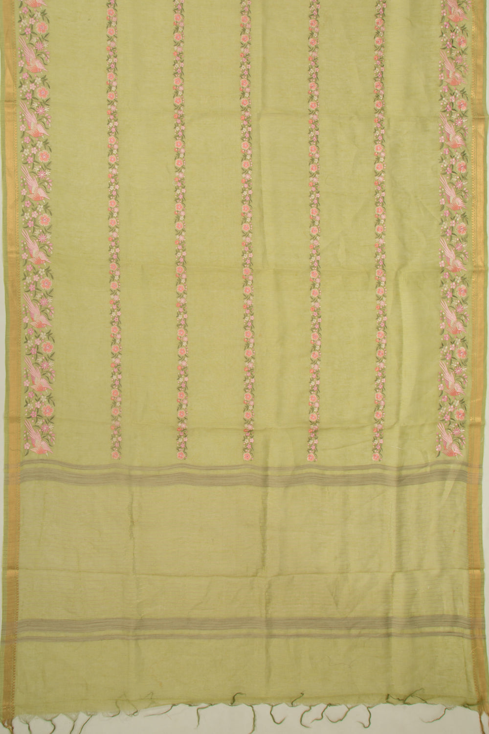 Linen Floral Embroidery Lines Green Saree