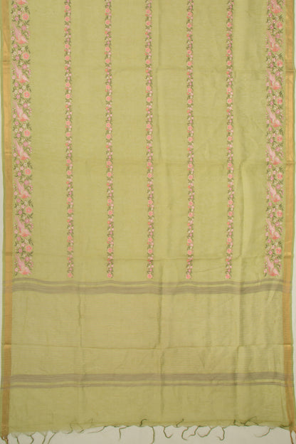 Linen Floral Embroidery Lines Green Saree