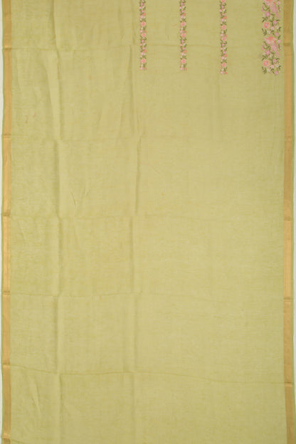 Linen Floral Embroidery Lines Green Saree
