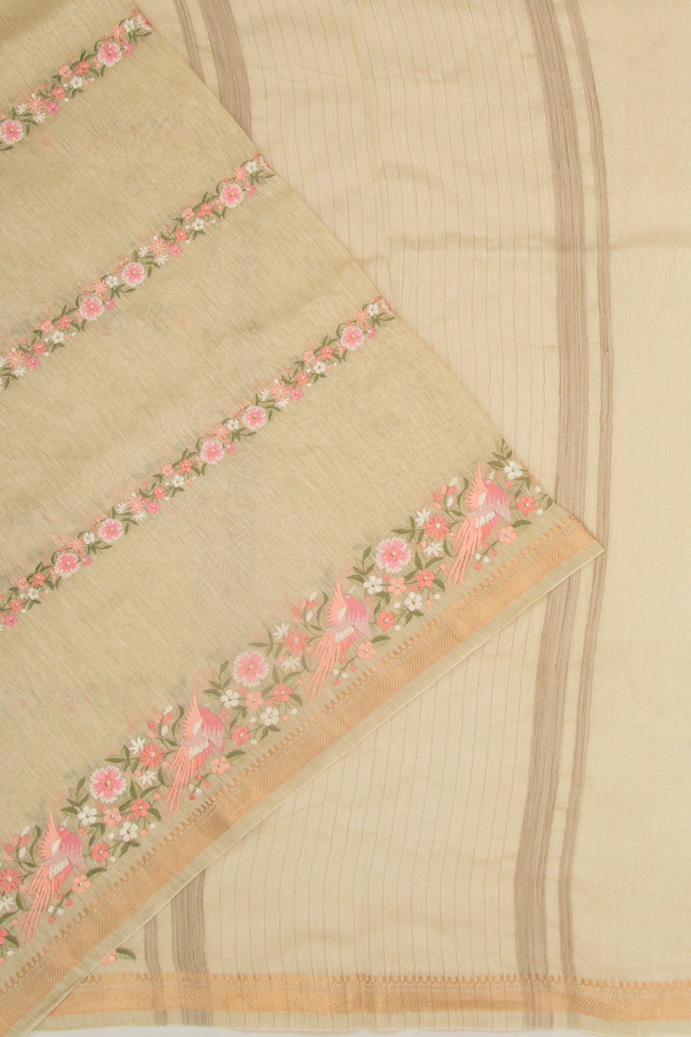 Linen Floral Embroidery Lines Beige Saree