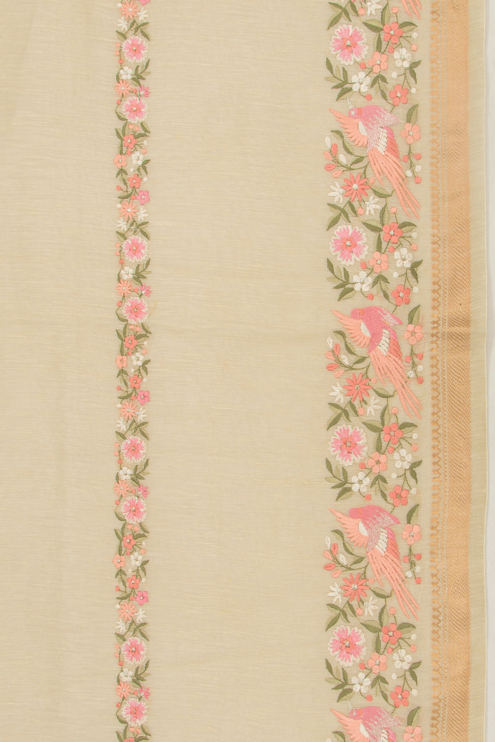Linen Floral Embroidery Lines Beige Saree