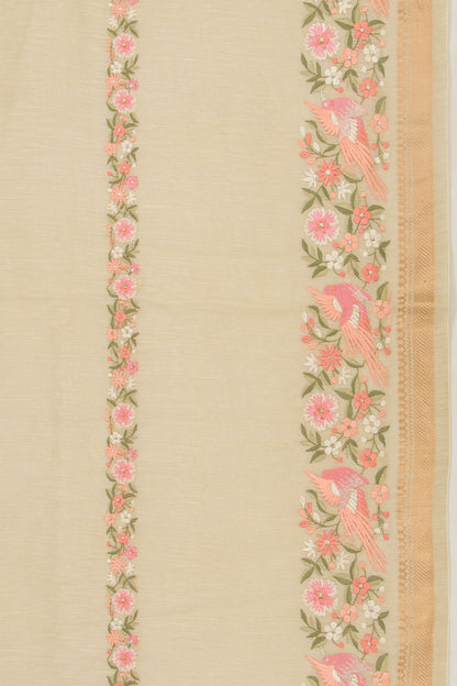 Linen Floral Embroidery Lines Beige Saree