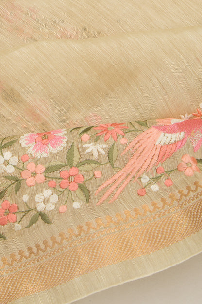 Linen Floral Embroidery Lines Beige Saree