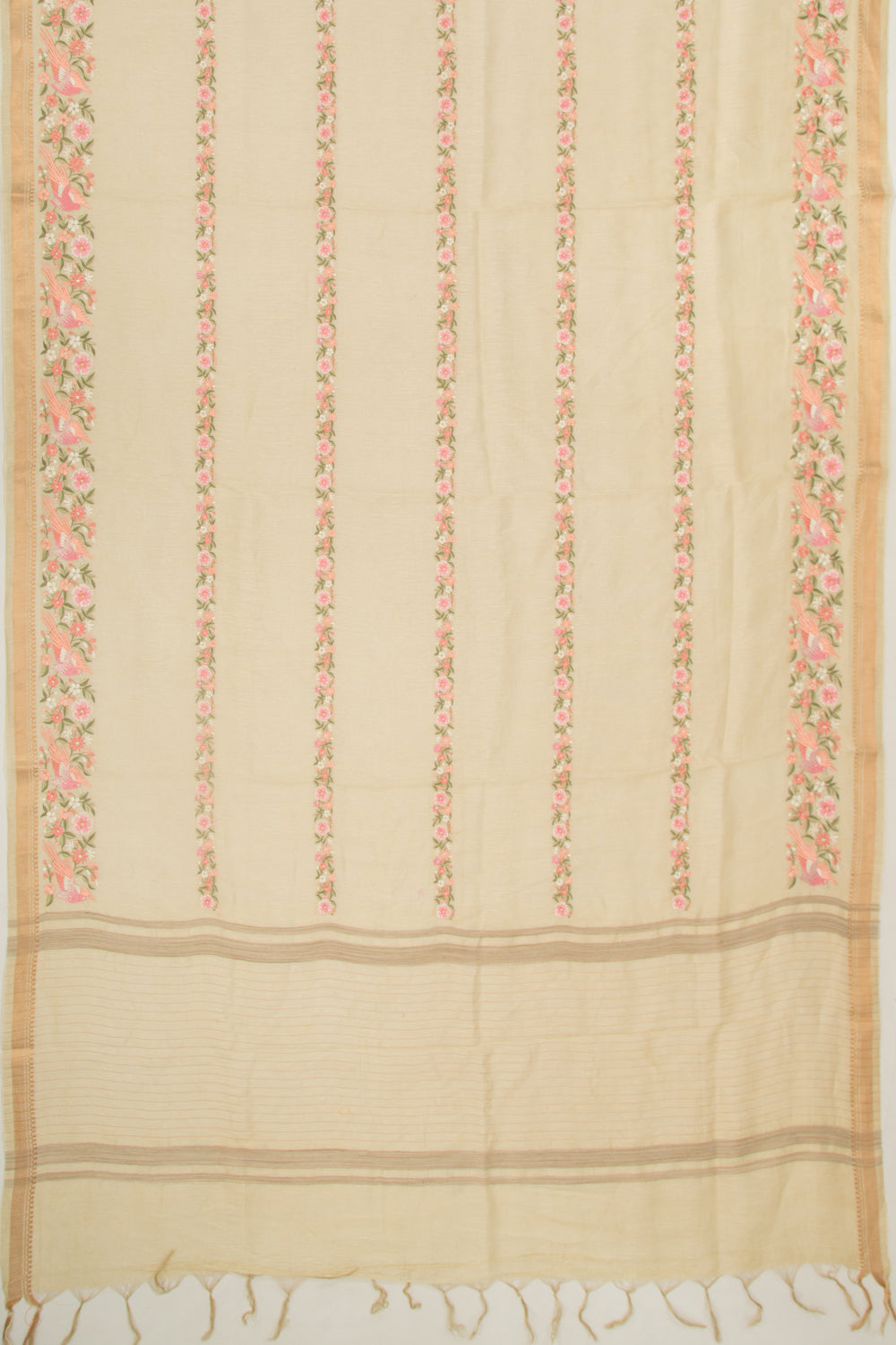 Linen Floral Embroidery Lines Beige Saree