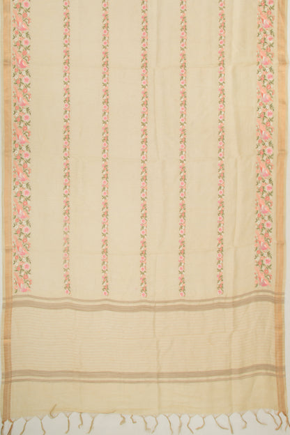 Linen Floral Embroidery Lines Beige Saree
