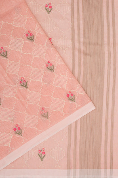 Linen Floral Embroidery Peach Saree