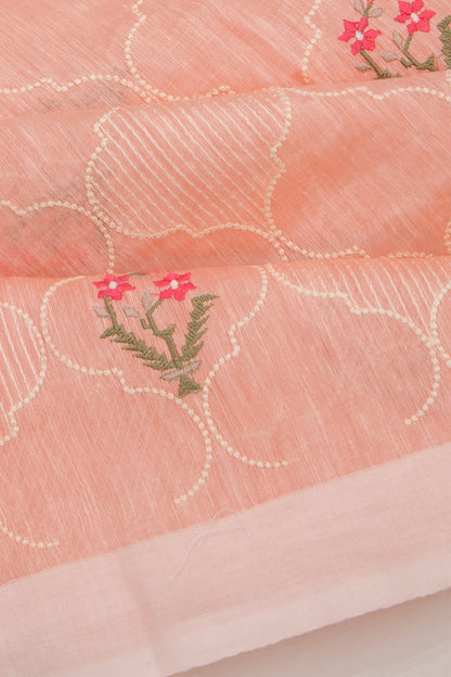 Linen Floral Embroidery Peach Saree