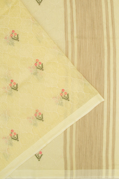 Linen Floral Embroidery Lemon Yellow Saree