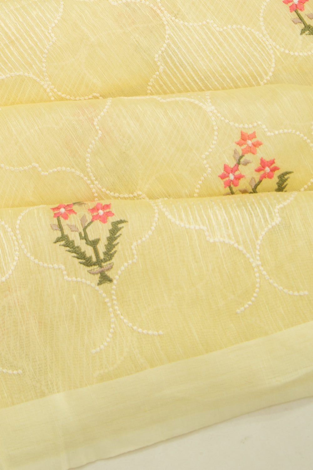 Linen Floral Embroidery Lemon Yellow Saree