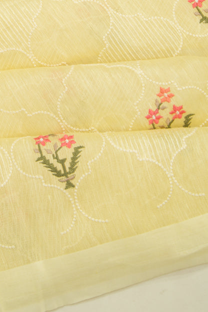 Linen Floral Embroidery Lemon Yellow Saree
