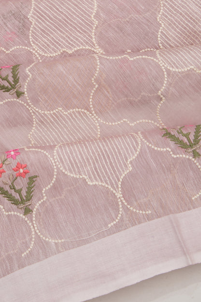 Linen Floral Embroidery Lavender Saree