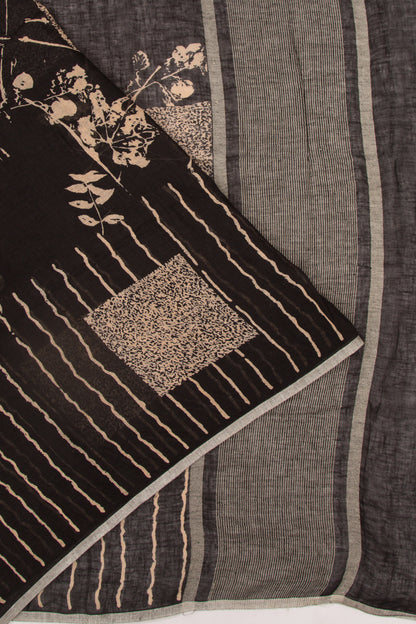 Linen Floral Printed Black Saree