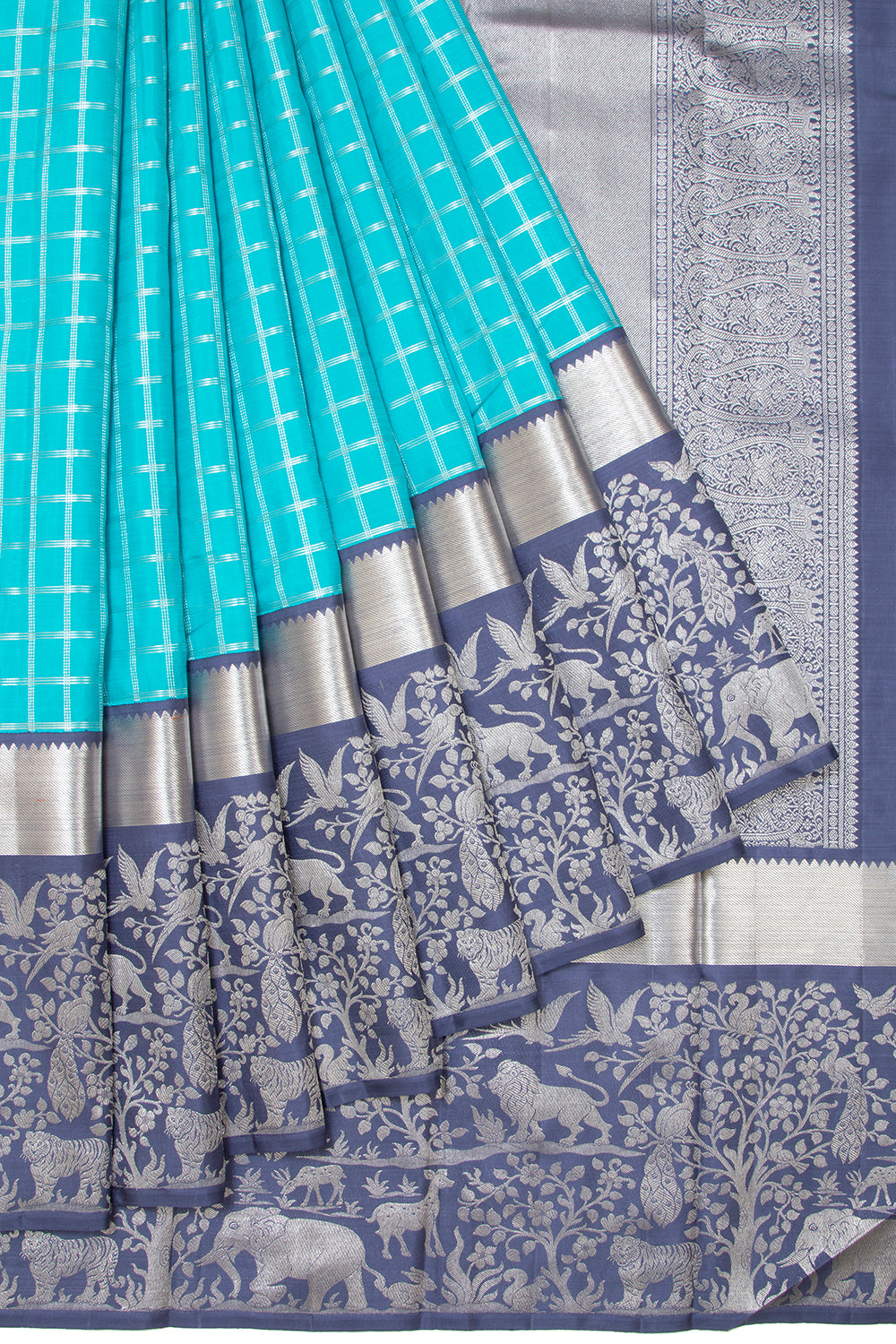 Kanchipuram Silk Checks Sky Blue Saree