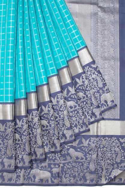 Kanchipuram Silk Checks Sky Blue Saree