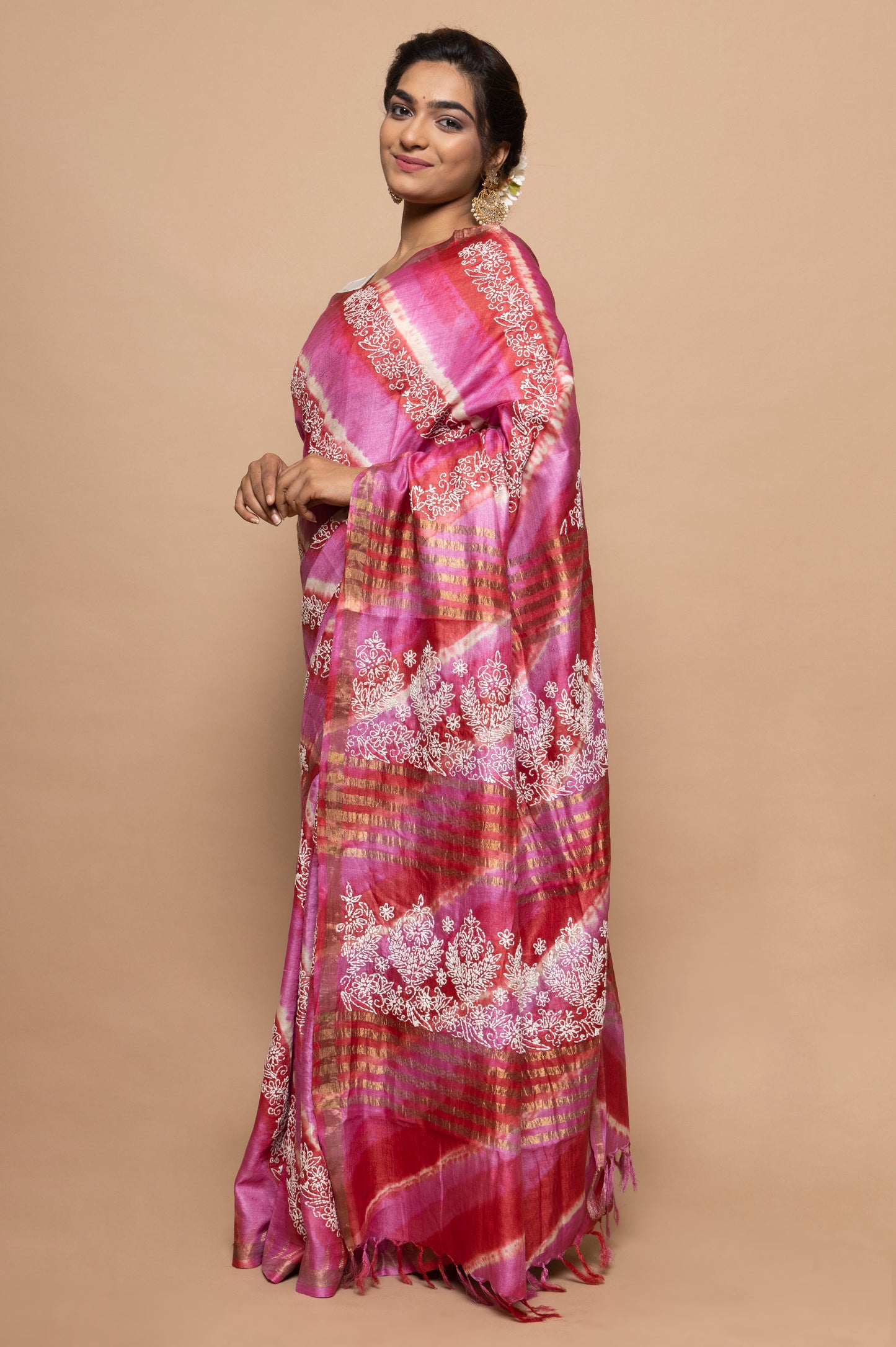 Tussar Batik Printed Pink Saree