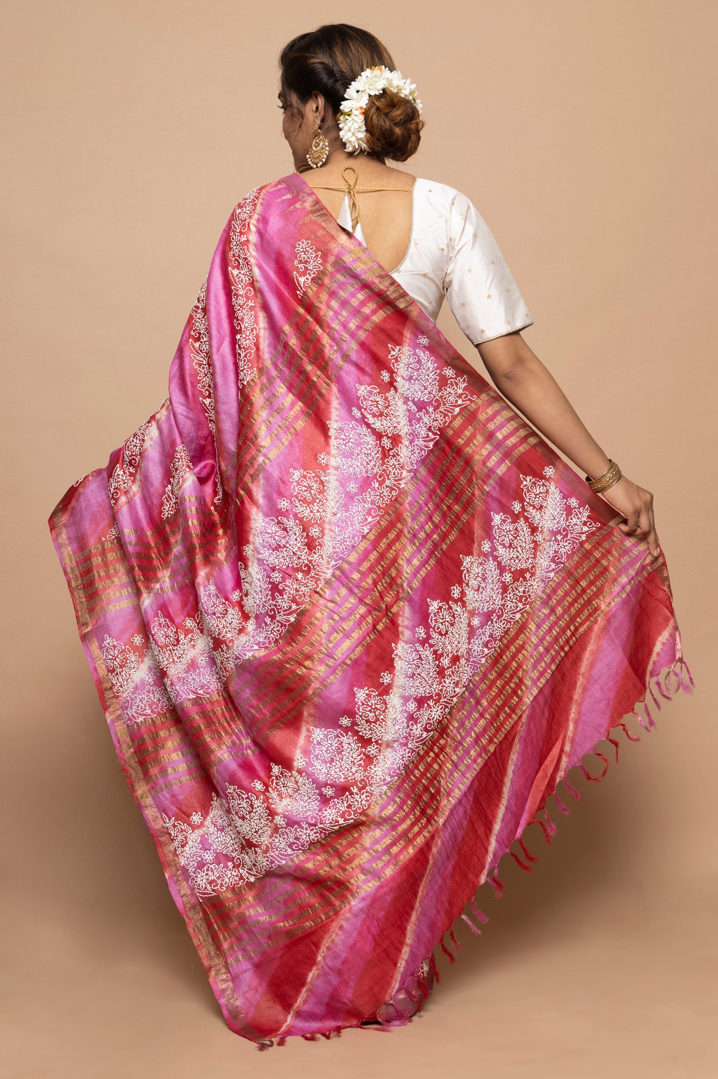 Tussar Batik Printed Pink Saree