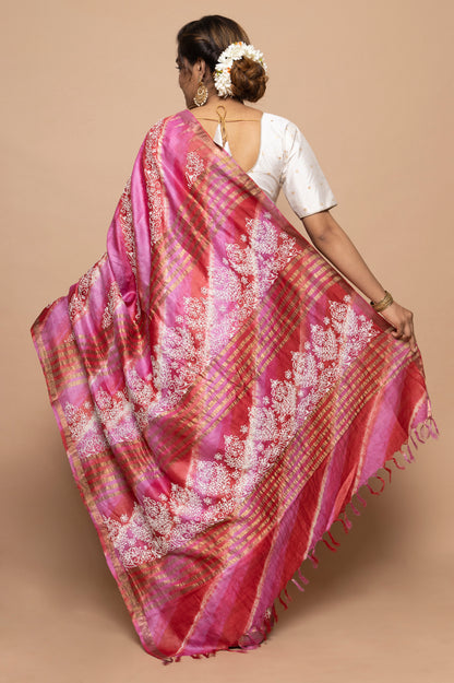 Tussar Batik Printed Pink Saree