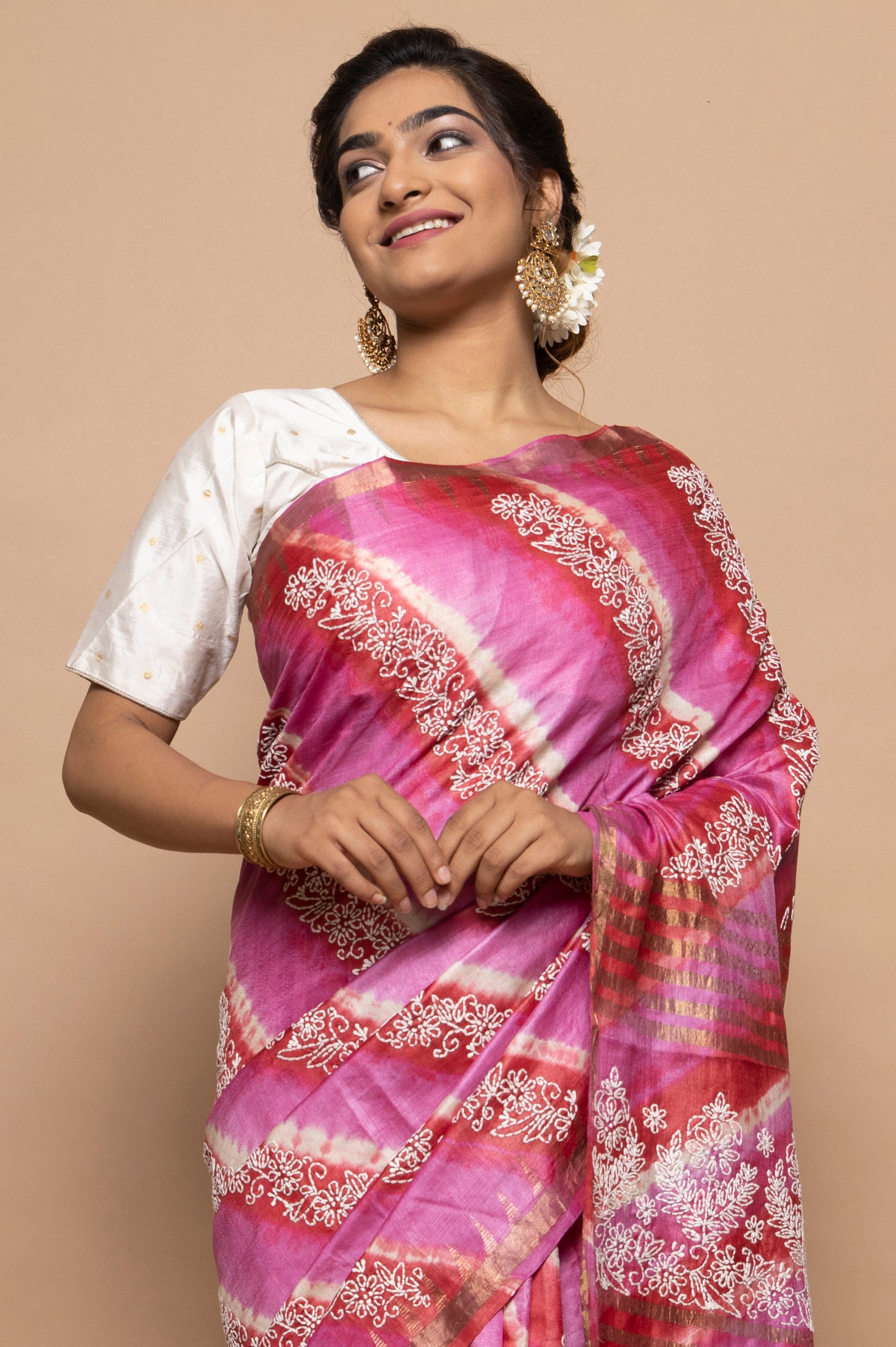 Tussar Batik Printed Pink Saree