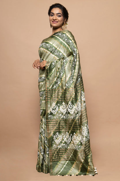 Tussar Batik Printed Green Saree