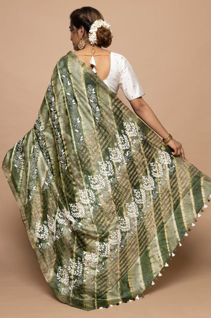Tussar Batik Printed Green Saree