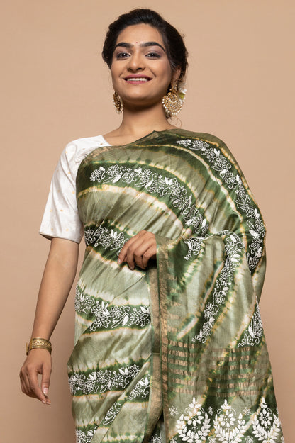 Tussar Batik Printed Green Saree