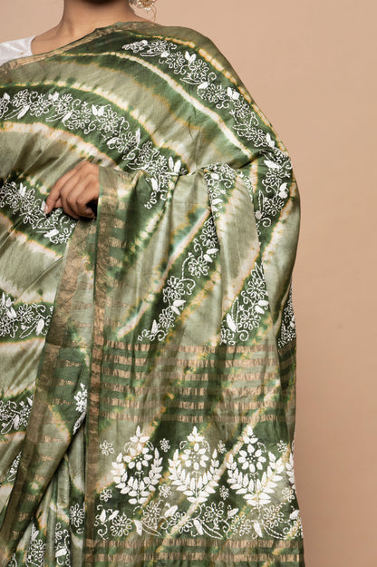 Tussar Batik Printed Green Saree