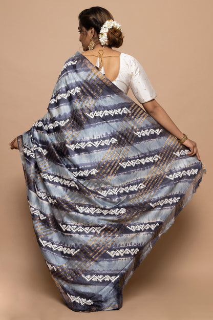 Tussar Batik Printed Grey Saree