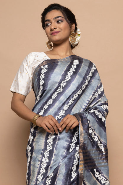 Tussar Batik Printed Grey Saree