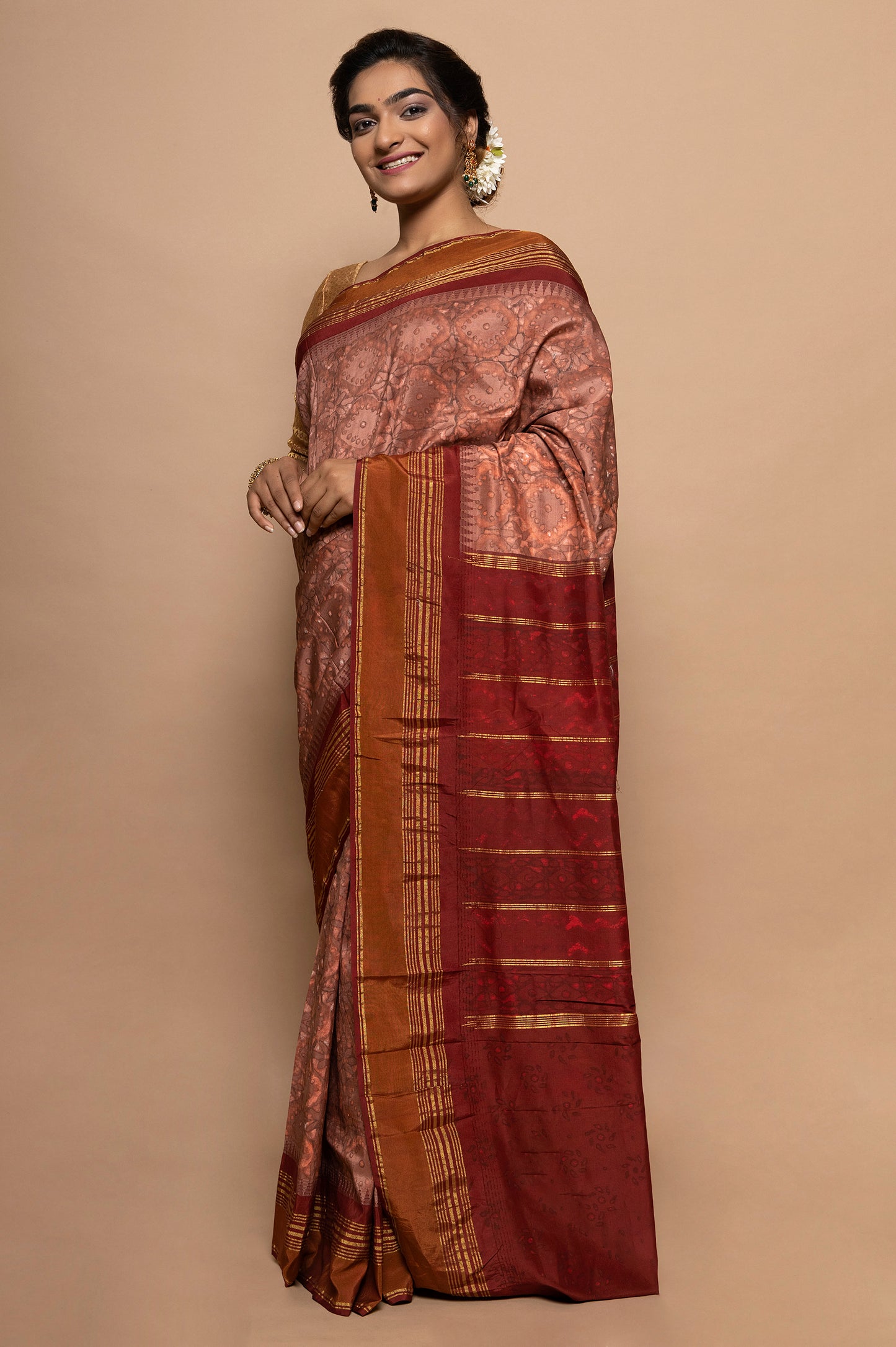 Bangalore Silk Kadiyal Printed Orange Saree