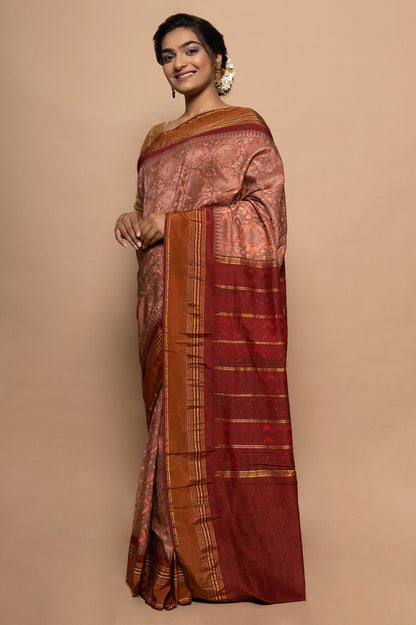 Bangalore Silk Kadiyal Printed Orange Saree