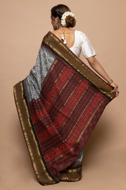 Bangalore Silk Kadiyal Printed Grey Saree
