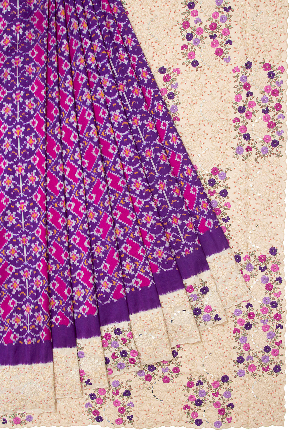 Pochampally Silk Ikat Purple Saree With Embroidery Scallop Border