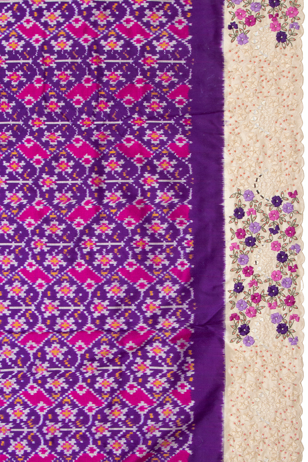 Pochampally Silk Ikat Purple Saree With Embroidery Scallop Border
