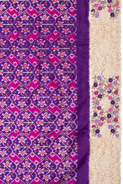 Pochampally Silk Ikat Purple Saree With Embroidery Scallop Border