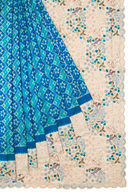 Pochampally Silk Ikat Blue Saree With Embroidery Scallop Border