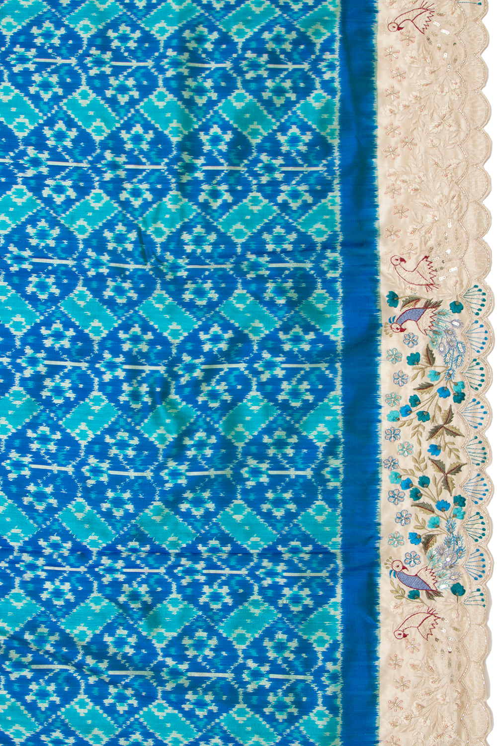Pochampally Silk Ikat Blue Saree With Embroidery Scallop Border