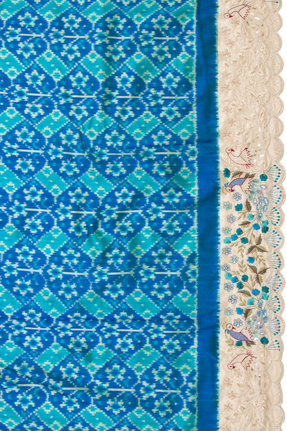 Pochampally Silk Ikat Blue Saree With Embroidery Scallop Border