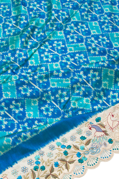 Pochampally Silk Ikat Blue Saree With Embroidery Scallop Border
