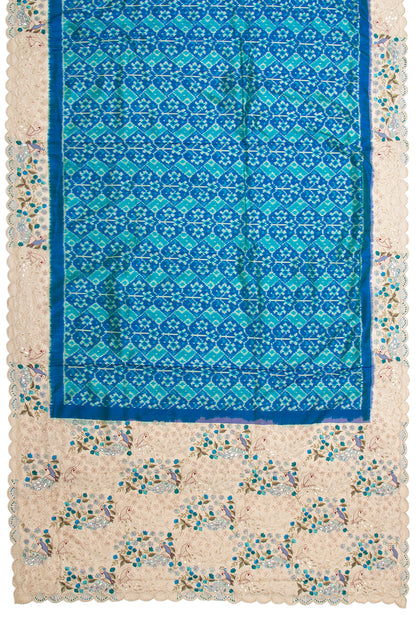 Pochampally Silk Ikat Blue Saree With Embroidery Scallop Border