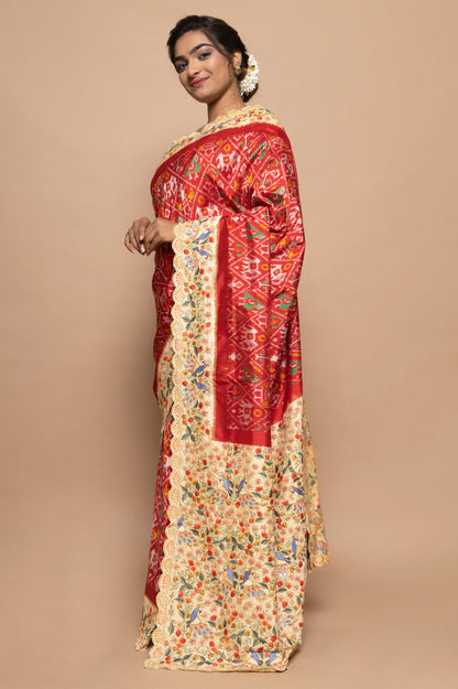 Pochampally Silk Ikat Red Saree With Embroidery Scallop Border