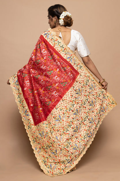 Pochampally Silk Ikat Red Saree With Embroidery Scallop Border