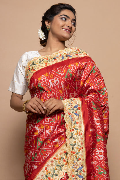 Pochampally Silk Ikat Red Saree With Embroidery Scallop Border