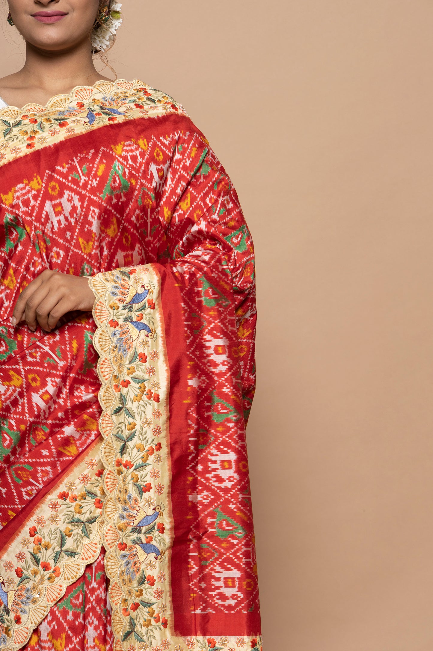 Pochampally Silk Ikat Red Saree With Embroidery Scallop Border