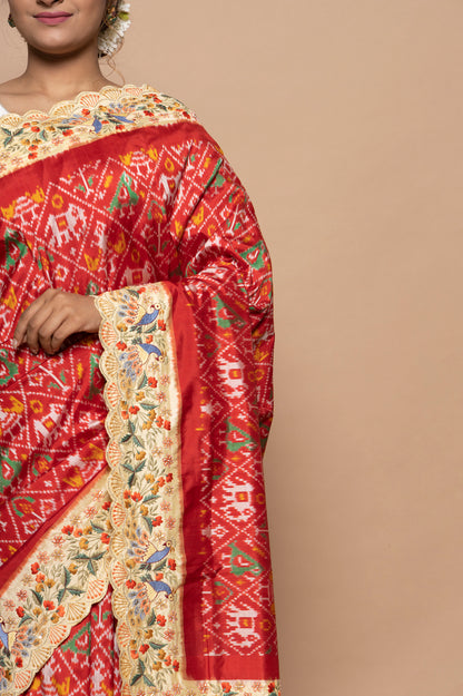 Pochampally Silk Ikat Red Saree With Embroidery Scallop Border